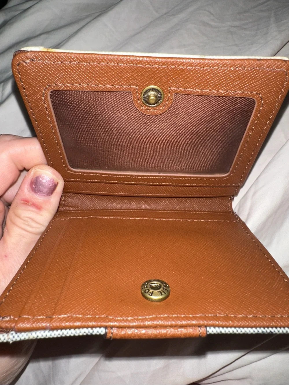 Fossil Cream and Navy Striped Canvas Wallet with Brown Leather Accent like new